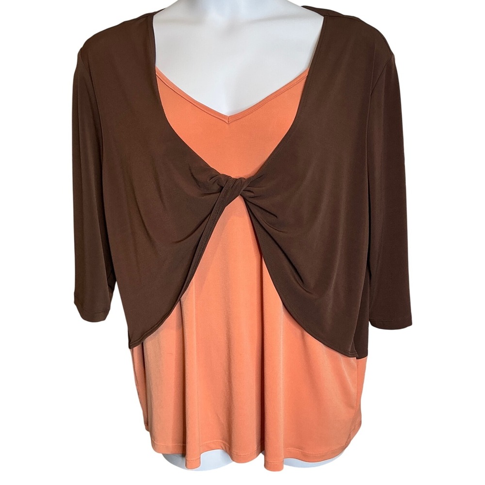 Vintage CM Shapes Womens Liquid Knit  Layered Top Est Sz 1X Brown Peach Stretchy